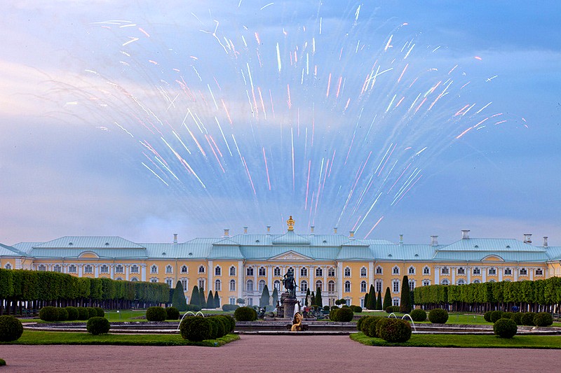 fireworks over the grand palace in peterhof